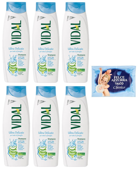 Vidal Lot De 6 Shampoings Ultra Delicato Tutti I Tipi Di Capelli - Convient À Tous Les Types De Cheveux - 250 Ml + 1 Flacon De Talc Felce Azzurra - Sachet De 100 G