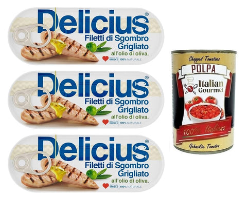 Delicius Filetti Di Sgombro Grigliati All'olio Di Oliva Lot De 3 Filets De Maquereau Grillés À L'huile D'olive, Riche En Oméga 3, Poisson Bleu De Haute Qualité, Boîte De 110 G + Boîte Italienne