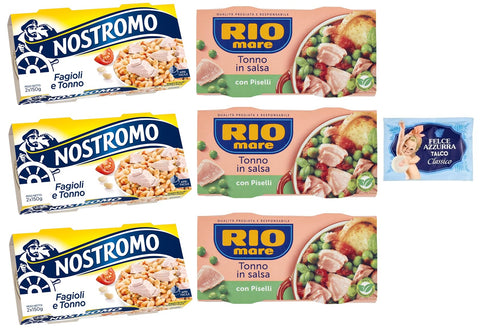 Rio Mare Lot De 6 Paquets De Test Pour Thon Et Pois + Thon Et Haricots Nostromo 2 X 150 G + 1 Sachet De Talc Felce Azzurra 100 G