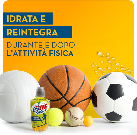 Estathè Sport Limone Boisson rafraîchissante au citron, enrichie en minéraux, avec un bouchon sport pratique pour l'école, le bureau, l'entraînement, le football, le tennis et le fitness. 12 x 250 ml