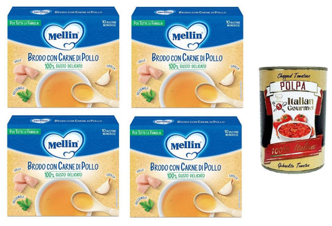 Mellin Brodo Con Carne Di Pollo 100 % Gusto Delicato, Per Tutta La Famiglia Bouillon Avec Viande De Poulet 100 % Goût Délicat, Pour Toute La Famille 4 X 50 G + Polpa Italien Gourmet 400 G
