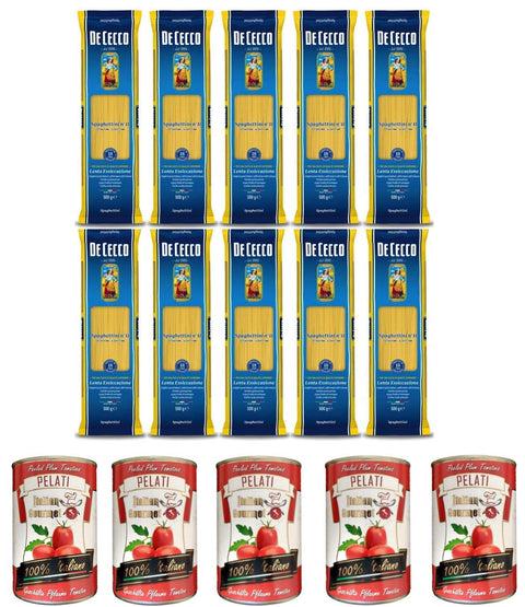 Lot De 10 Boîtes De Pâtes De Cecco 100 % Italiennes À Spaghettis N ° 11 Pâtes 500 G + Italian Gourmet 100 % Italiennes Pelées 5 X 400 G