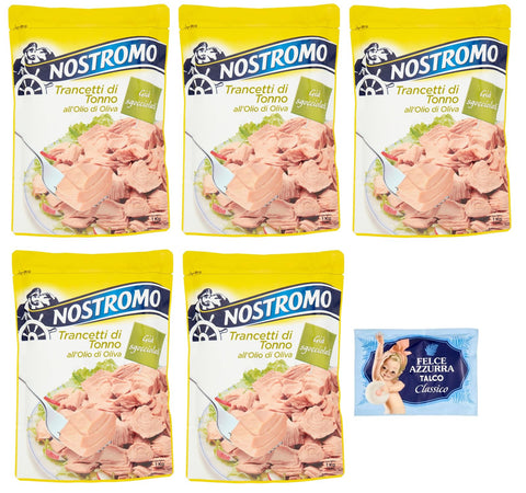 Nostromo Trancetti Di Tonno All'olio Di Oliva Lot De 5 Steaks De Thon À L'huile D'olive, Sac De 1 Kg + 1 Sachet De Talc Felce Azzurra Gratuit, Sachet De 100 G