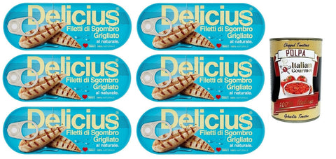 Delicius Filetti Di Sgombro Grigliati Al Naturale Lot De 6 Filets De Maquereau Grillés Naturels Riches En Oméga 3, Poisson Bleu De Haute Qualité, Boîte De 110 G + Boîte De 400 G Gourmet Italienne