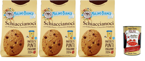 Mulino Bianco Biscotti Frollini Schiaccianoci Con Frutta Secca E Cioccolato Fondente, Biscuits Avec Des Fruits Secs Et Du Chocolat Noir, Sans Huile De Palme, 3x 300g + Italian Gourmet Polpa 400g