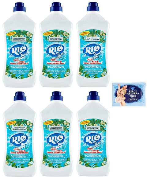 Rio Bum Pavimenti Lot De 6 Nettoyants Pour Sols Avec Alcool, Parfum Brise Marine, 1 L + 1 Paquet De Talc Felce Azzurra Gratuit, Sachet De 100 G
