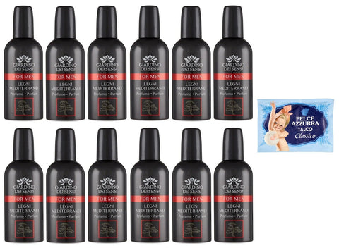 Giardino Dei Sensi Profumo For Men Legni Lot De 12 Parfums Pour Homme Bois Méditerranéen 100 Ml + 1 Sachet De Talc Felce Azzurra 100 G