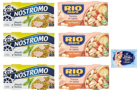 Rio Mare Lot De 6 Paquets De Test Pour Thon Et Haricots + Thon Et Pois Nostromo 2 X 150 G + 1 Sachet De Talc Felce Azzurra 100 G