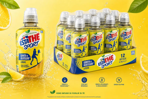 Estathè Sport Limone Boisson rafraîchissante au citron, enrichie en minéraux, avec un bouchon sport pratique pour l'école, le bureau, l'entraînement, le football, le tennis et le fitness. 12 x 250 ml