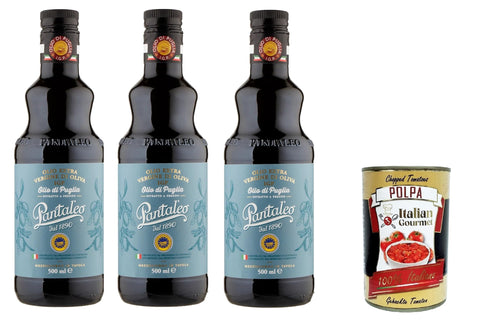 Pantaleo Olio Extravergine Di Oliva Igp Olio Di Puglia Huile D'olive Extra Vierge Des Pouilles 3 X 500 Ml + Italian Gourmet Polpa 400 G