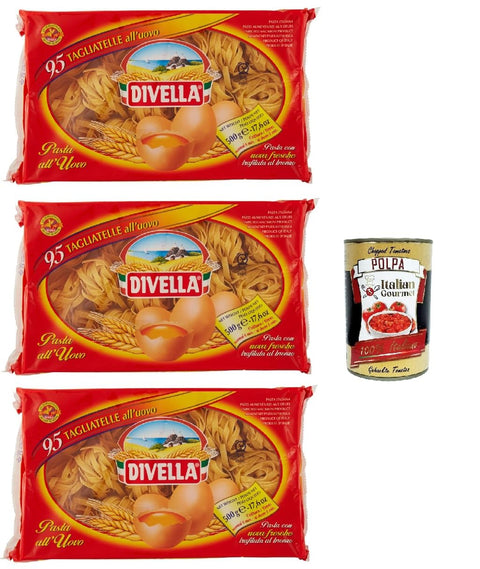 Divella - Tagliatelles All'uovo N°95 – Pâtes Italiennes Authentiques, Nouilles Aux Œufs – Les Tagliatelles Les Plus Délicieuses À Partager En Famille – 3 X 500 G + Italian Gourmet Polpa 400 G