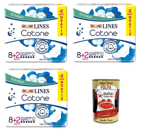 Lines Cotone Assorbenti Notte X8+2 Inserts De Nuit En Coton 100 % Pur Coton + Italian Gourmet Polpa 400 G
