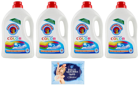 Chanteclair Color Lavatrice Lot De 4 Lessives Liquides Pour Machine À Laver, 30 Lavages, 1350 Ml + 1 Paquet De Poudre De Talc Felce Azzurra Gratuite, Sachet De 100 G
