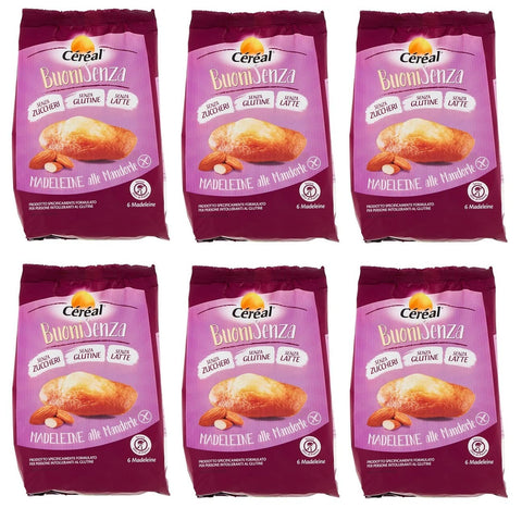 Céréal Buonisenza Madeleine Lot De 6 Madeleines Mandorle - Idéal Pour Le Petit Déjeuner - Snack Sucré Avec Saveur D'amande Sans Gluten, Sans Lait Et Sans Sucre - 180 G
