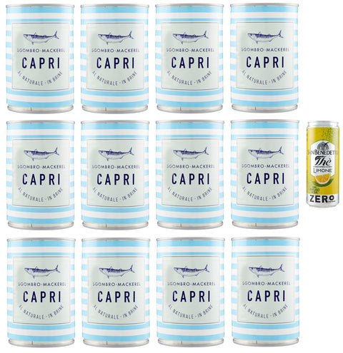 Capri Sgombro Al Naturale Lot De 12 Boîtes De 425 G De Maquereau Naturel + 1 Paquet De Thé Glacé San Benedetto Au Citron Sans Sucre Boîte De 330 Ml