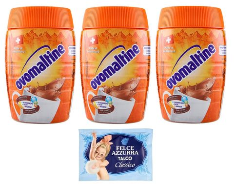 Ovomaltine Lot De 3 Boissons En Poudre Contenant Du Malt Goût Cacao 400 G + 1 Paquet De Talc Felce Azzurra Gratuit, Sachet De 100 G