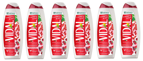 Vidal Bagnodoccia Lot De 6 Flacons De Gel Douche Bacche Di Goji E Mirtillo Rosso, Mousse De Douche Aux Baies De Goji Et À La Canneberge 500 Ml