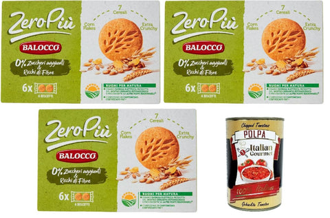 Balocco Zero Più Biscotti Sans Sucre Ajouté, Biscotti, Biscuits Biscuits Avec Cornflakes, 7 Céréales, Et Plus Croquantes, 3x 230g + Italian Gourmet Polpa Di Pomodoro 400g Dose
