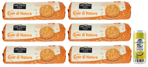 Ore Liete Cuor Di Natura Biscotti Con Cereali Lot De 6 Biscuits Avec Céréales, Farine Complète Et Sans Sucre Ajouté, 250 G + 1 Sachet De Thé Glacé San Benedetto Au Citron Sans Sucre 330 Ml