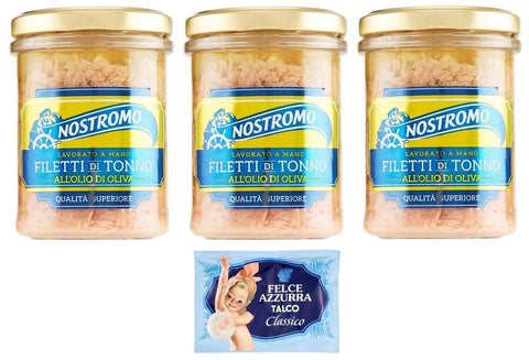 Nostromo Filetti Di Tonno All'olio Di Oliva, Lot De 3 Filets De Thon À L'huile D'olive, Verre De 180 G + 1 Sachet De Talc Felce Azzurra Gratuit, Sachet De 100 G
