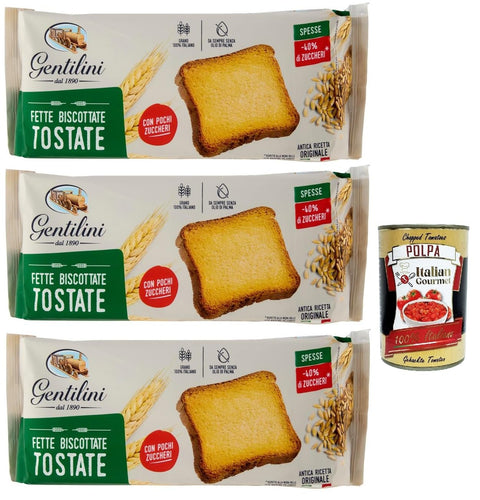 Gentilini - Biscottate Tostate - Biscottate Épaisse Rôtie - Pâtisserie Avec Moins De Sucre - Produit 100 % Italien - 3 X 175 G + Polpa Italien Gourmet 400 G