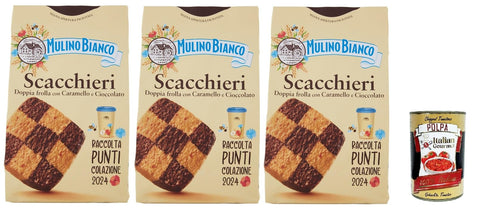 Mulino Bianco Biscotti Scacchieri Frolla Con Caramello E Cioccolato, Biscuits Au Caramel Et Au Chocolat, Biscuits Cookies, 3x 300g + Italian Gourmet Polpa 400g