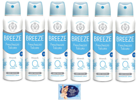 6x Breeze Déodorant Spray Fraîcheur Talcata Minerals, Zéro Taches Sur La Peau, 0 % Sels D'aluminium 150 Ml + 1 Enveloppe De Talc Fougère Bleue Offerte De 100 G