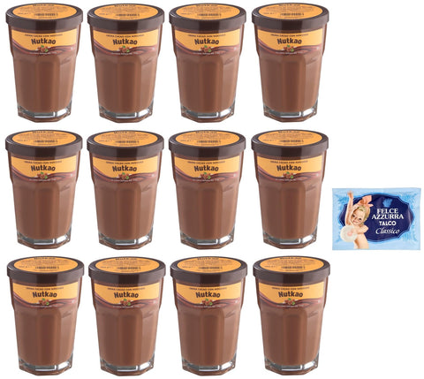 Nutkao Crema Cacao Con Nocciole Lot De 12 Crèmes À Tartiner Au Cacao Aux Noisettes, Crème Italienne, Pot De 330 G + 1 Sachet De Talc Felce Azzurra Gratuit 100 G