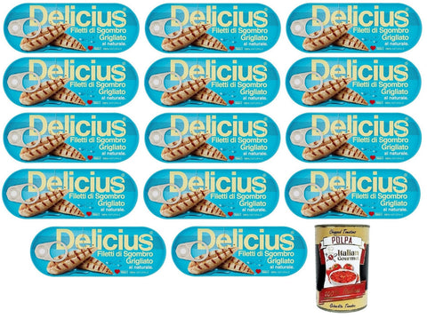 Delicius Filetti Di Sgombro Grigliati Al Naturale Lot De 14 Filets De Maquereau Grillés Naturels Riches En Oméga 3, Poisson Bleu De Haute Qualité, Boîte De 110 G + Boîte De 400 G Gourmet Italienne