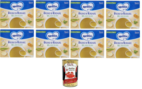 Mellin Brodo Di Verdure, Per Tutta La Famiglia Bouillon De Légumes, Pour Toute La Famille, Goût 100 % Délicat, 8 X 80 G + Italian Gourmet Polpa 400 G