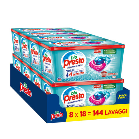 Bio Presto Power Caps Hygiène & Fraîcheur, Lessive Laveuse Prédosé En Capsules, Enlève La Saleté Et Les Bactéries, Paquet De 144 Lavages