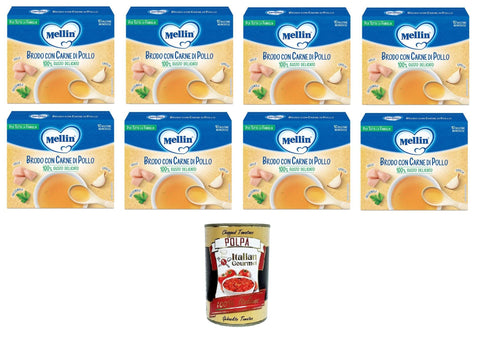Mellin Brodo Con Carne Di Pollo 100 % Gusto Delicato, Bouillon Avec Viande De Poulet 100 % Goût Délicat, Pour Toute La Famille, 8 X 50 G + Italian Gourmet Polpa 400 G