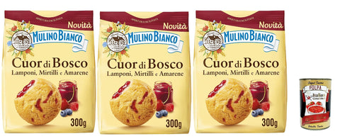 Mulino Bianco Biscotti Frollini Cuor Di Bosco, Biscuits Avec Framboises, Bleuets Et Cerises Noires, Petit-Déjeuner Plein De Goût, Sans Huile De Palme, 3x 300g + Italian Gourmet Polpa 400g