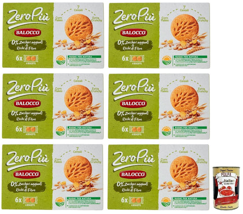 Balocco Zero Più Biscotti Lot De 6 Biscuits Sans Sucre Ajouté, 7 Céréales Et Extra Crunchy, Paquet De 230 G + Boîte Italienne Gourmet Polpa Di Pomodoro 400 G