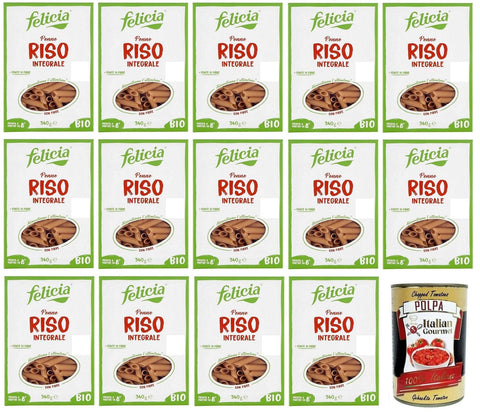 Felicia Penne Di Riso Integrale Lot De 14 Pâtes, Avec Riz Brun 100 % Issu De La Chaîne D'approvisionnement Italienne, Bio Et Naturelle, Sans Gluten, Paquet De 340 G, + Italian Gourmet Polpa Di