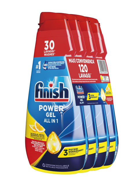 Finish Powergel Gel Détergent Pour Lave-Vaisselle, Liquide, Multi-Actions, Pouvoir Dégraissant, Citron, 120 Lavages, 4 Confections De 30 Lavages