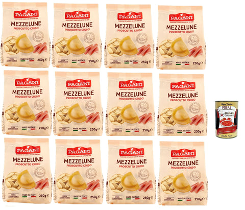 Pagani Pasta All' Uovo Mezzelune Con Prosciutto Crudo, Nouilles Aux Œufs Au Parme Ham, Pâtes À L'œuf, 12 X 250 G + Italian Gourmet Polpa 400 G