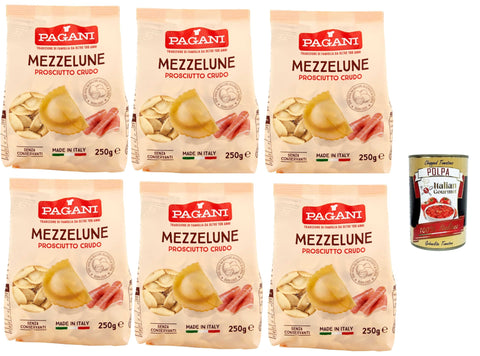 Pagani Pasta All' Uovo Mezzelune Con Prosciutto Crudo, Nouilles Aux Œufs Au Parma Ham, Pâtes À L'œuf, 6 X 250 G + Italian Gourmet Polpa 400 G