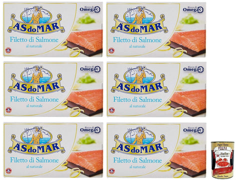 As Do Mar Filetto Di Salmone Al Naurale Lot De 6 Filets De Saumon Naturels Riches En Oméga 3 Boîte De 150 G + Boîte Italienne Gourmet Polpa Di Pomodoro 400 G