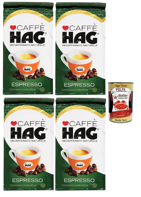Hag - Caffè Macinato D, Ecaffeinato Gusto Espresso, Café Décaféiné Avec Un Arôme Intense Et Le Goût D'une Grande Personnalité, 4x 250g + Italian Gourmet Polpa 400g