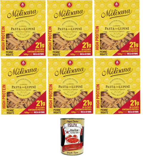 La Molisana Penne Rigate Aux Lupins, Tagliatelles Protéinées Avec Farine De Lupin Et Semoule De Blé Dur Italienne – 6 X 400 G + Polpa Italien Gourmet 400 G