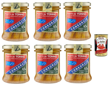 Consorcio Filets De Thon Dans Huile D'olive Extra Vierge - Poisson Pêché En Tonneau - 6 X 195 G + Polpa Italian Gourmet 400 G