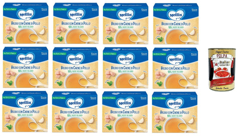 Mellin Brodo Con Carne Di Pollo 100 % Gusto Delicato, Per Tutta La Famiglia Bouillon Avec Viande De Poulet 100 % Goût Délicat, Pour Toute La Famille, 12 X 50 G + Italian Gourmet Polpa 400 G
