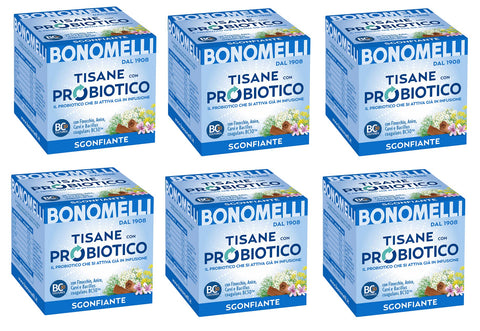 Lot De 6 Tisanes Bonomelli Tisane Con Probiotico Sgonfiante Avec Probiotiques Avec Fenouil, Anis Et Carvi Lot De 10 Filtres