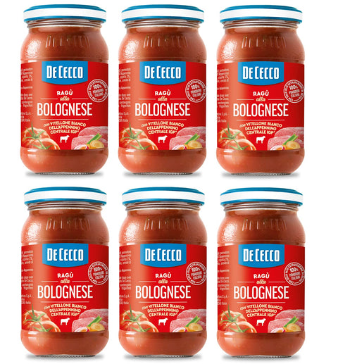 6x De Cecco Ragù Alla Bolognese Con Vitellone Bianco Dell'appenino Centrale Igp Sauce Au Boeuf Blanc De L'igp Des Apennins Centraux Avec 100% De Tomates Italiennes 190g