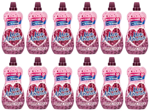 Lot De 12 Flacons D'adoucissant Concentré Felce Azzurra Mon Amour Ammorbidente Ninfea Viola, 54 Lavages, 1350 Ml