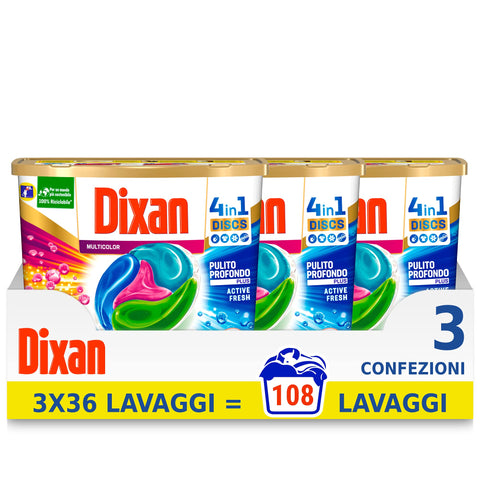 Dixan Discs Multicolor Nettoyeur Prédosé En Gélule Pour Capsule De Couleur 4 En 1-3 X 36 Lavages (108 Lavages)