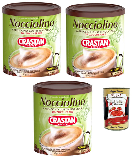 Crastan Nocciolino, Cappuccino Solubile Gusto Nocciola, Préparation Soluble Pour Le Goût Des Noisettes, Pour Être Du Sucre, 3x 150g + Italian Gourmet Polpa 400g