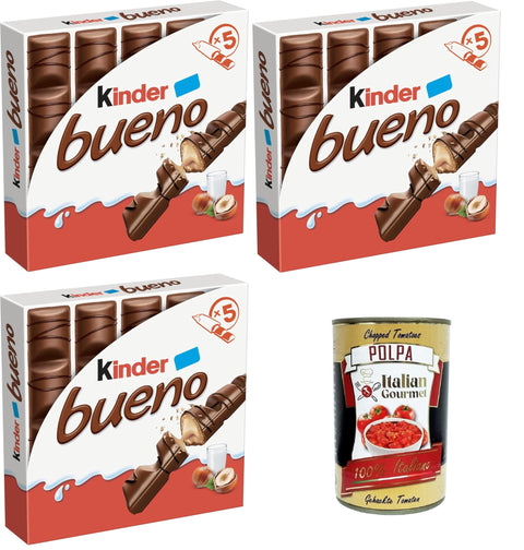 Kinder Bueno Lot De 5 Collations Au Chocolat Et Noisettes, Une Gaufre Remplie De Crème De Noisettes Enveloppée De Chocolat Pour Enfants, 3 Paquets De 107,5 G + Italian Gourmet Polpa 400 G