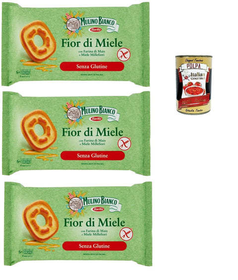 Mulino Bianco Fiori Di Miele Senza Glutine Lot De 3 Biscuits Sablés Biscuits Biscuits Biscuits Au Miel Millefiori Sans Gluten 250 G + Gourmet Italien Polpa 400 G